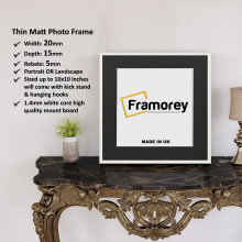 (White With Black Mount, 20x20CM Pic (25x25CM Frame)) Square Size Thin Matt White Picture Frame Wall Art Frames Flat Wooden Effect Poster Frame