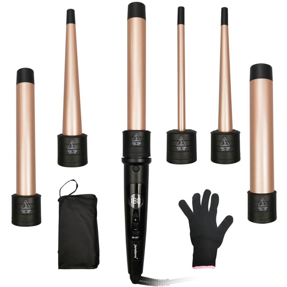 janelove Hair Curler Curling Wand 6 in 1 Hair Iron Set for Long Short Hair with 5 Interchangeable Ceramic Barrel Include Large Small Hair Waver Hai