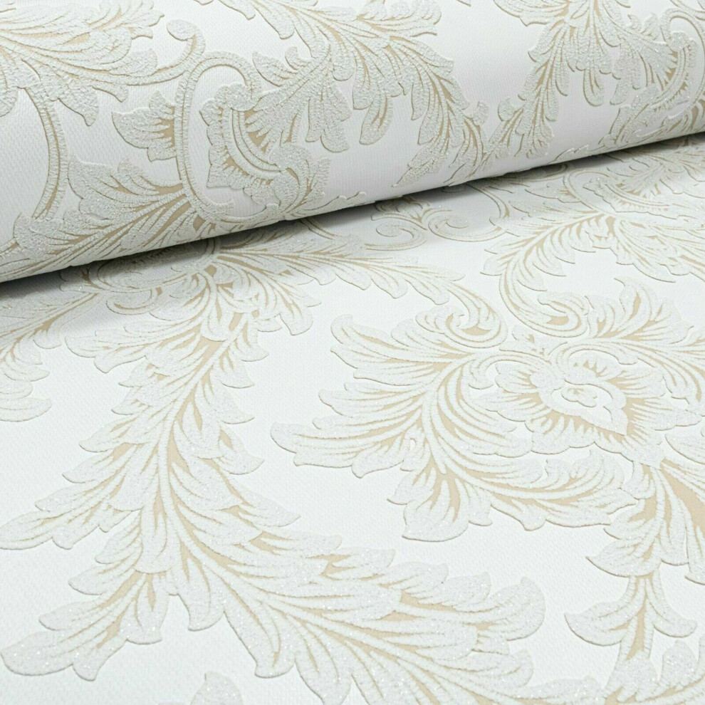 Gold Cream Glitter Baroque Floral Damask Heavyweight Feature Wallpaper