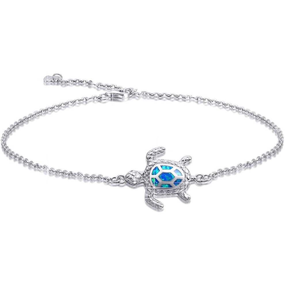 Blue Opal Sea Turtle Ankle Bracelet Sterling Silver Anklet Jewelry For Women Gifts 4 Level Adjustable Anklet (Large Bracelet)
