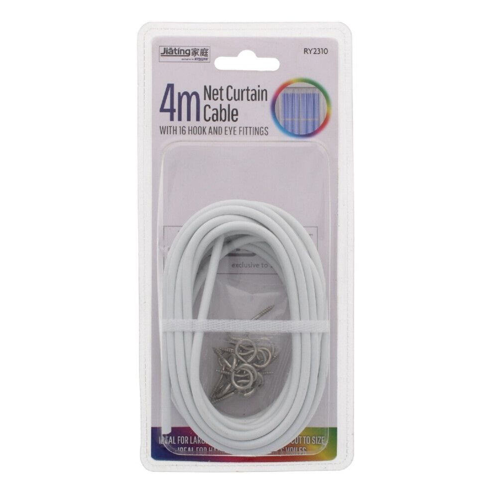 4m White Curtain Wire Window Net Cord Rail 16 Hooks & Eye Fittings