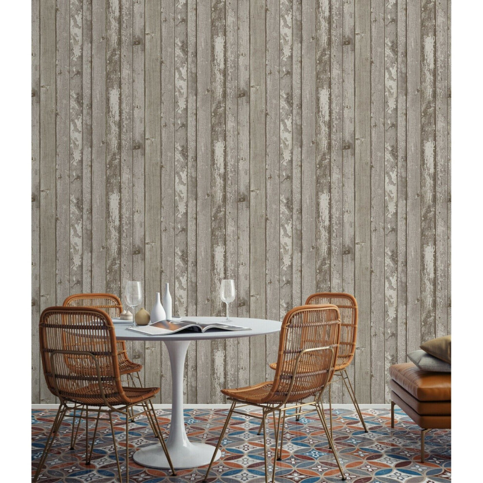 Rustic Natural Distressed Elm Wood Plank Effect Neutral Realistic Wallpaper