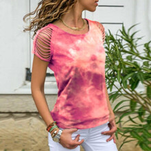 (WineRed, L) Casual Short Sleeve Blouse T-Shirts Womens Summer Tie-dye Printed Tops Shirt