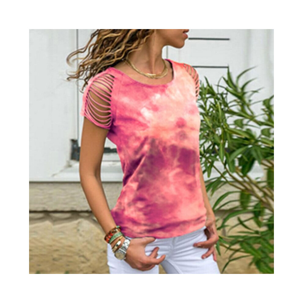 (WineRed, M) Casual Short Sleeve Blouse T-Shirts Womens Summer Tie-dye Printed Tops Shirt