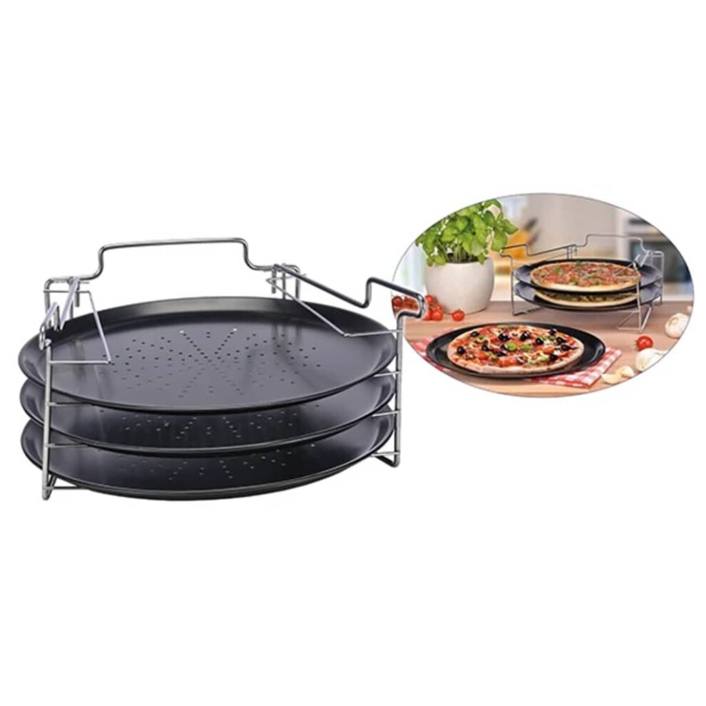 HI Pizza Baking Set 4 Piece Black Pan Serving Plate Oven Grill Bake Cookware 