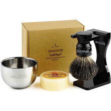 4in1 Shaving Set, Anbbas Black Badger Hair Shaving Brush Resin Handle and Acrylic Thicken Shaving Stand,Stainless Steel Shaving Bowl and Goat Milk