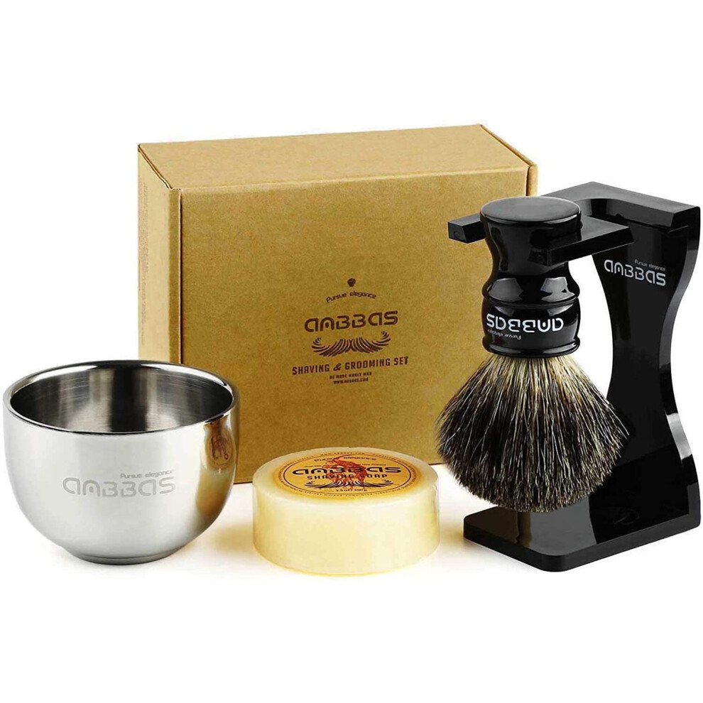 Anbbas Black 4In1 Shaving Set, Badger Hair Shaving Brush Resin Handle And Acrylic Thicken Shaving Stand,Stainless Steel Shaving Bowl And Goat Milk