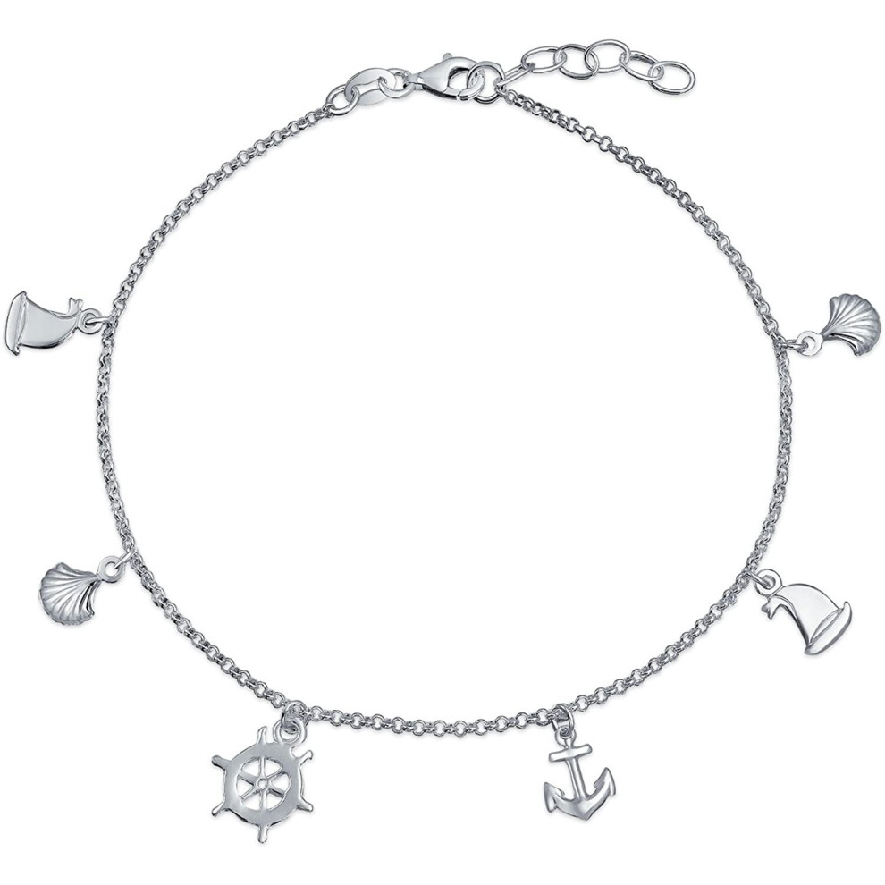 Nautical Multi Charm Dangle Anchor Sailboat Ship Wheel Sea Shell Anklet Ankle Bracelet For Women .925 Sterling Silver Adjustable 9 To 10 Inch With