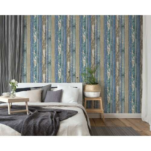 Grandeco Rustic Distressed Elm Wood Plank Effect Blue Cabin Beige Wallpaper 2