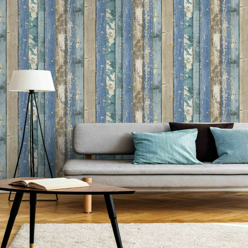 Rustic Distressed Elm Wood Plank Effect Blue Cabin Beige Wallpaper