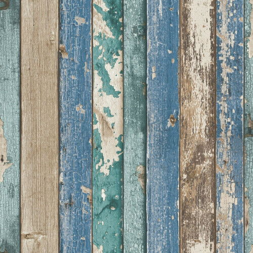 Grandeco Rustic Distressed Elm Wood Plank Effect Blue Cabin Beige Wallpaper 1