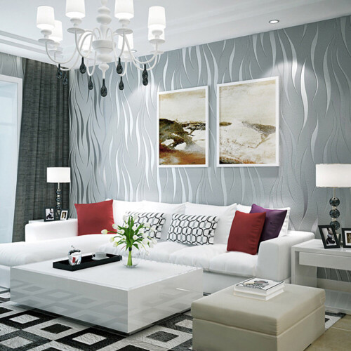 Living And Home Modern Silver 3D Wave Stripe Non Woven Embossed Wallpaper Roll 1