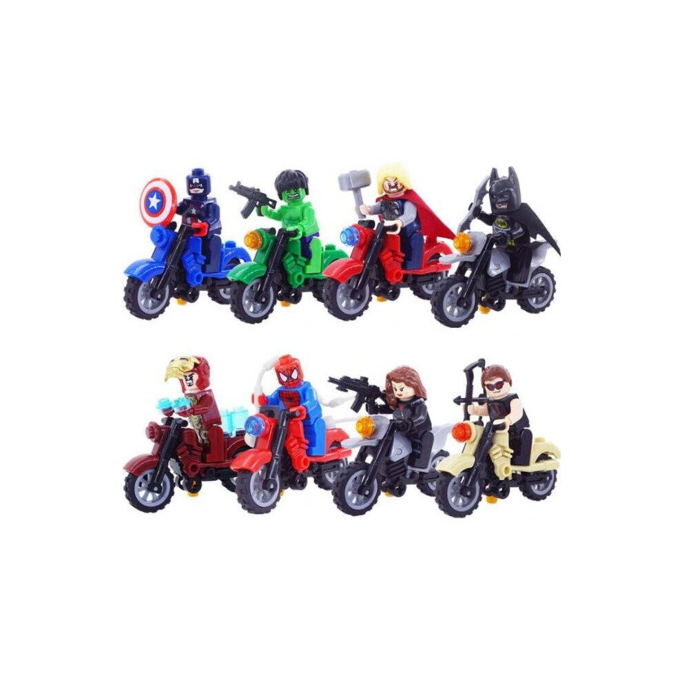 8PCS Superhero Motorcycle Building Blocks Minifigure Toy Spider-Man Iron Man Batman Minifigure Toy Kids Collection Gift