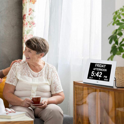 (White) Dementia Clock Calendar Day Date Clock 8 Inch Gift 1
