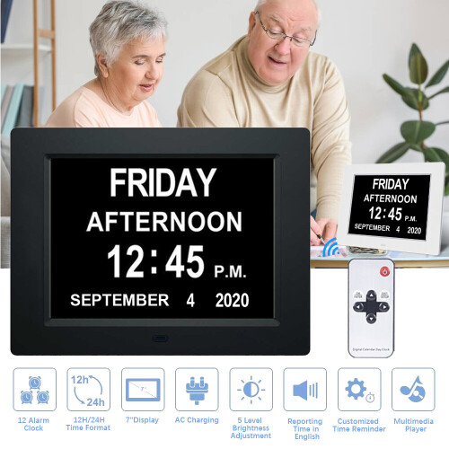 (Black) Dementia Clock Calendar Day Date Clock 8 Inch Gift