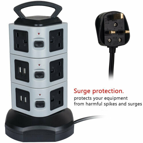 10 Way Switched Protected Tower Extension Lead UK Mains Plug Socket 1