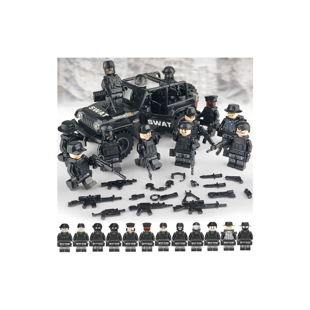 Zhike 13Pcs Military Soldiers Swat Jeeps Minifigures Toys Fit Lego Black