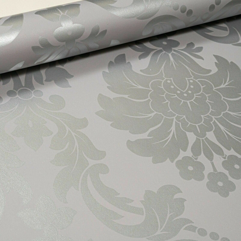 Grey Silver Traditional Vintage Floral Damask Metallic Wallpaper