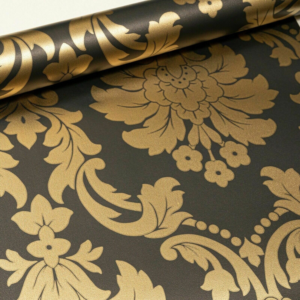 Gold Black Traditional Vintage Floral Damask Metallic Wallpaper