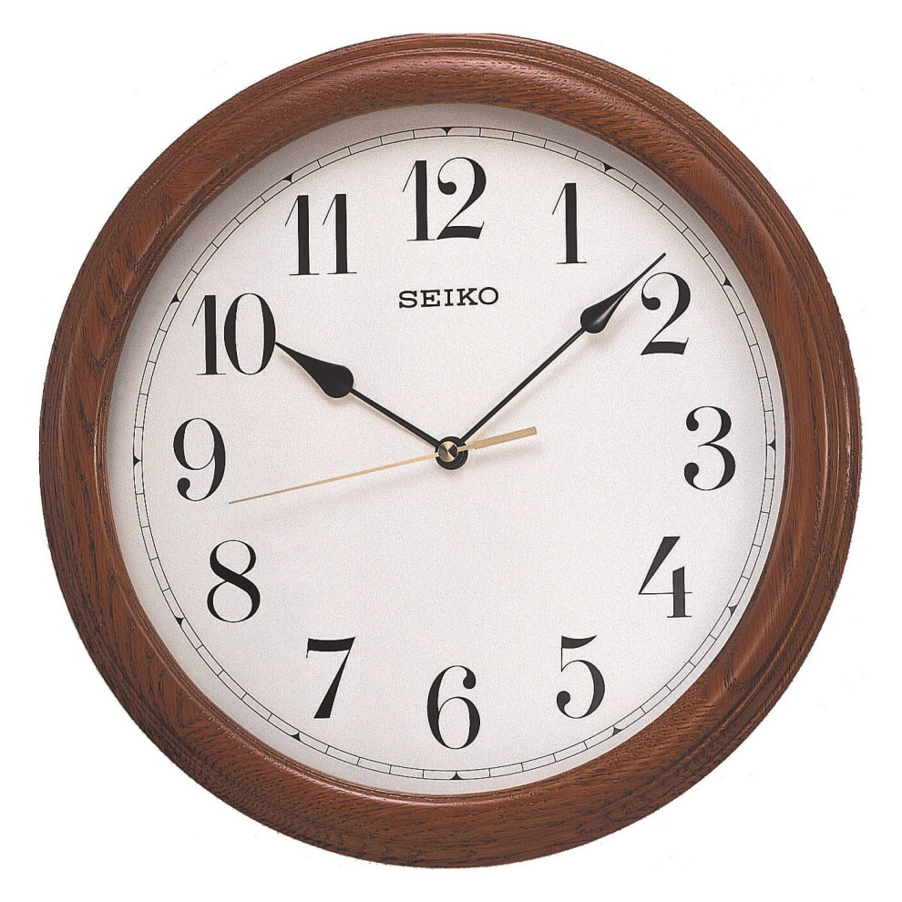 Seiko Wooden Oak Round Battery Wall Clock Arabic Numbers 31cm QXA153B