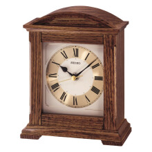 Seiko Oak Wood Mantle Clock QXG123B - Silent Sweep Quartz, White Dial, Roman Numerals