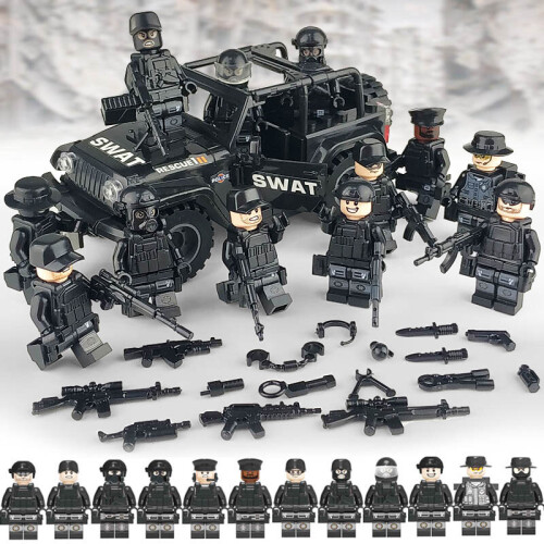 ELEGANT Military Building Blocks Black Explosion-proof Special Police Jeep Off-road Vehicle Tactical Body Armor Assault Rifle Grenade Toys