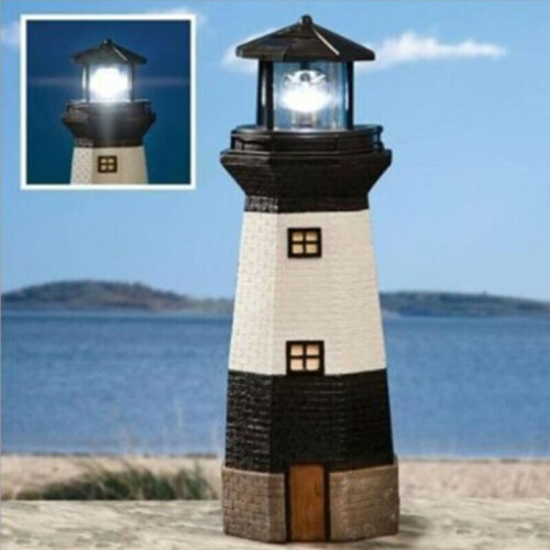 (Black & White) Solar Powered Lighthouse LED Rptating Outdoor Garden ...