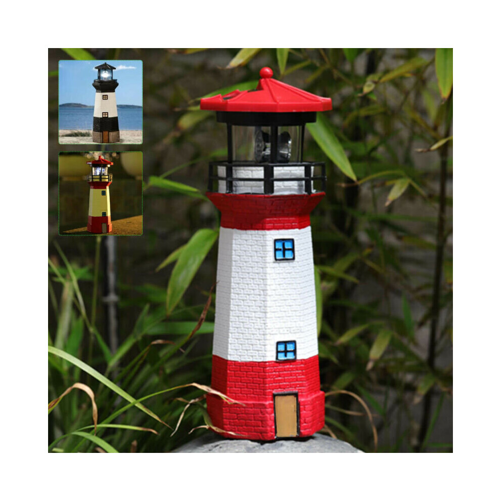 (Red) Solar Powered Lighthouse LED Rptating Outdoor Garden Light House Decoration