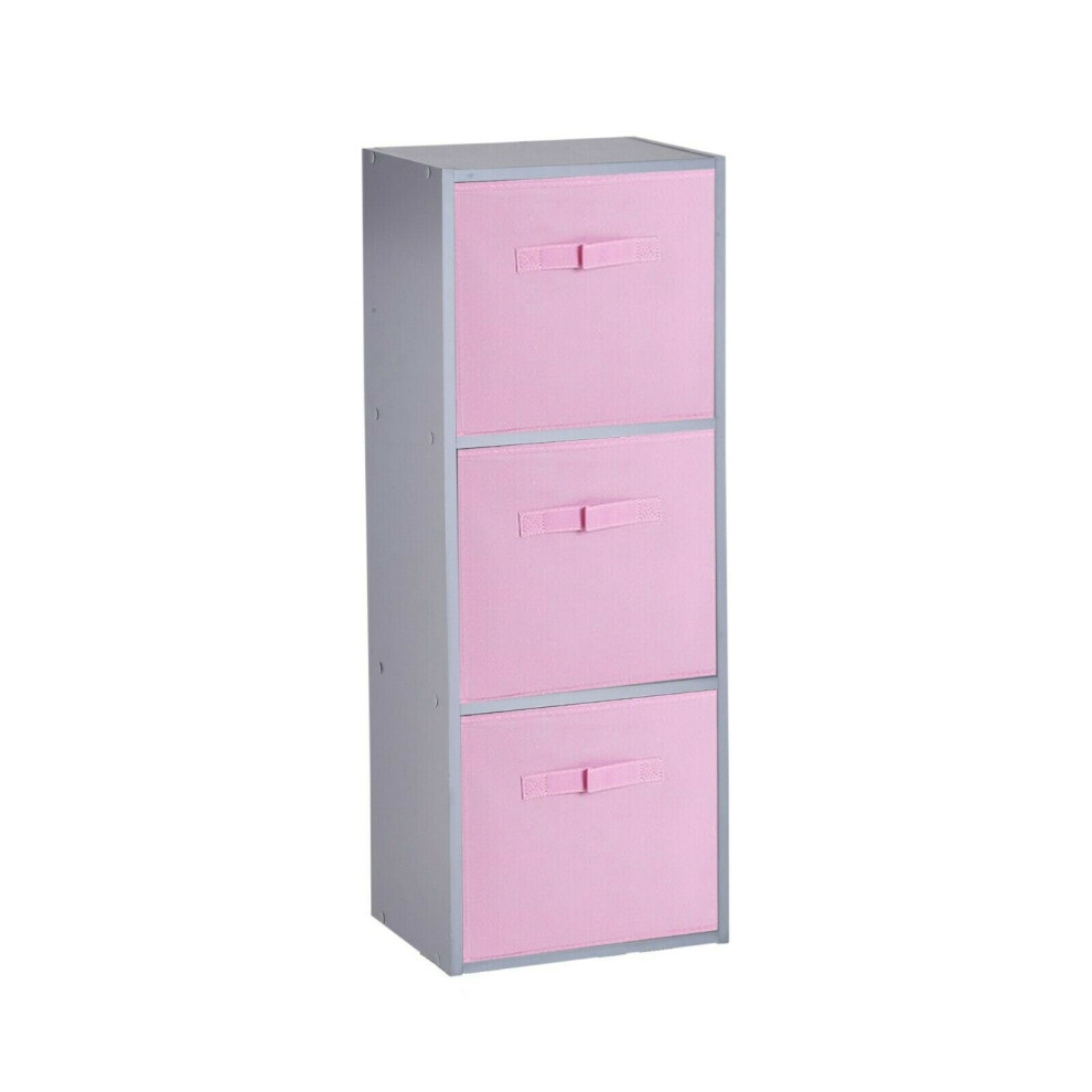 (3 Cubes, Light Pink) Grey Wooden Cubed Cupboard Units Shelves + Drawers