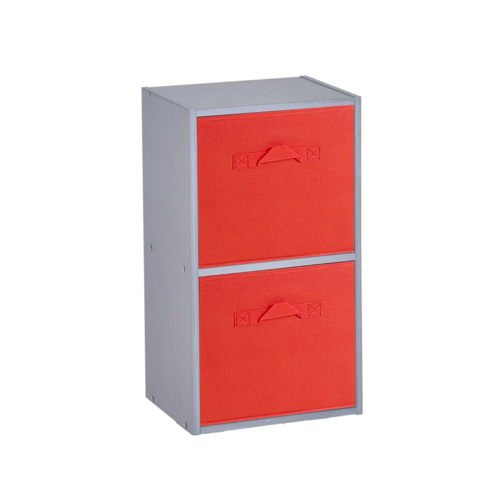 (2 Cubes, Red) Grey Wooden Cubed Cupboard Units Shelves + Drawers