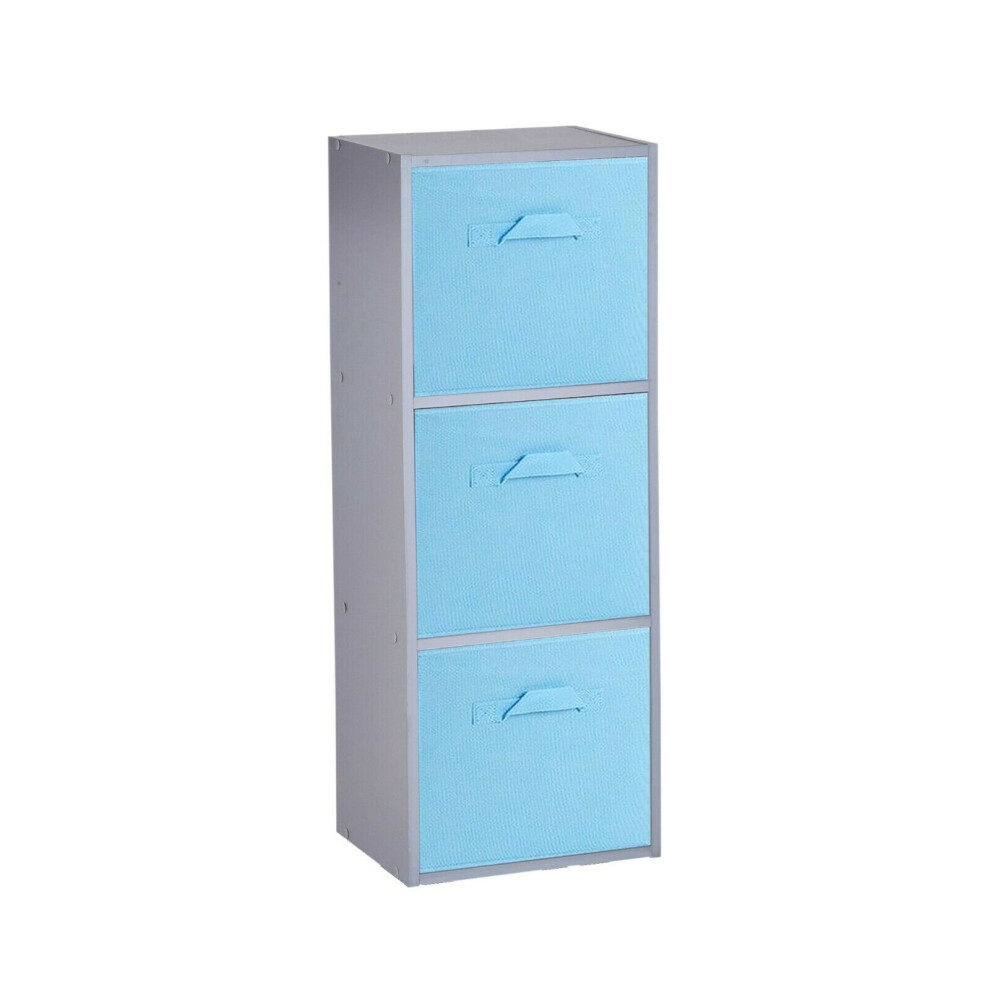 (3 Cubes, Sky Blue) Grey Wooden Cubed Cupboard Units Shelves + Drawers