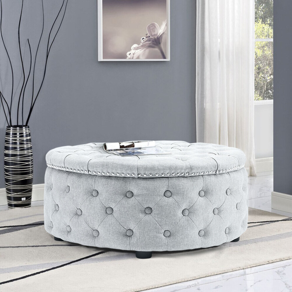 (Grey White) Round Upholstered Chesterfield Footstool Pouffe Foot Stool Seat