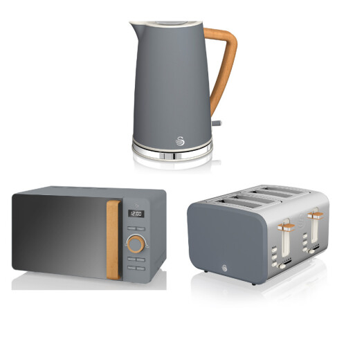 (Grey) Swan Nordic 1.7 Litre Jug Kettle, 4 Slice Toaster & Microwave 800W LED Freestanding
