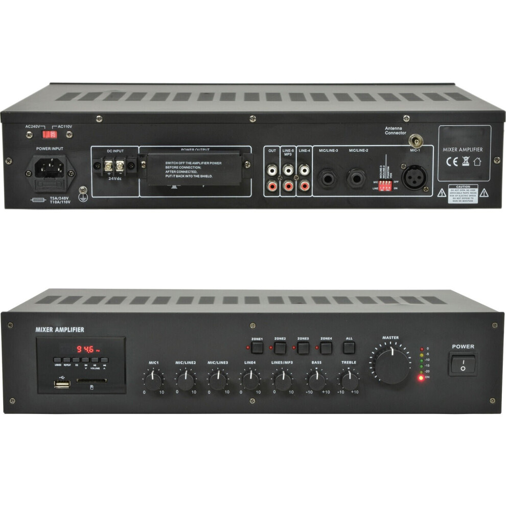 Loops 100V 240W 4 Zone Mixer Amplifier 8Ohm Speaker Splitter Rack Mount Usb Fm Tuner
