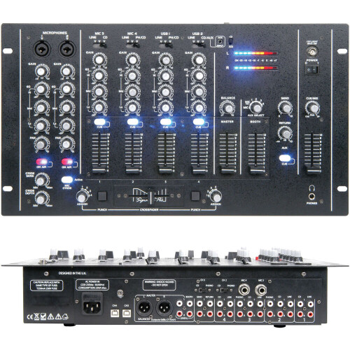Loops 4 Channel 17 input PA DJ Mixer USB/VCA Crossfader Microphone Override Rack AUX