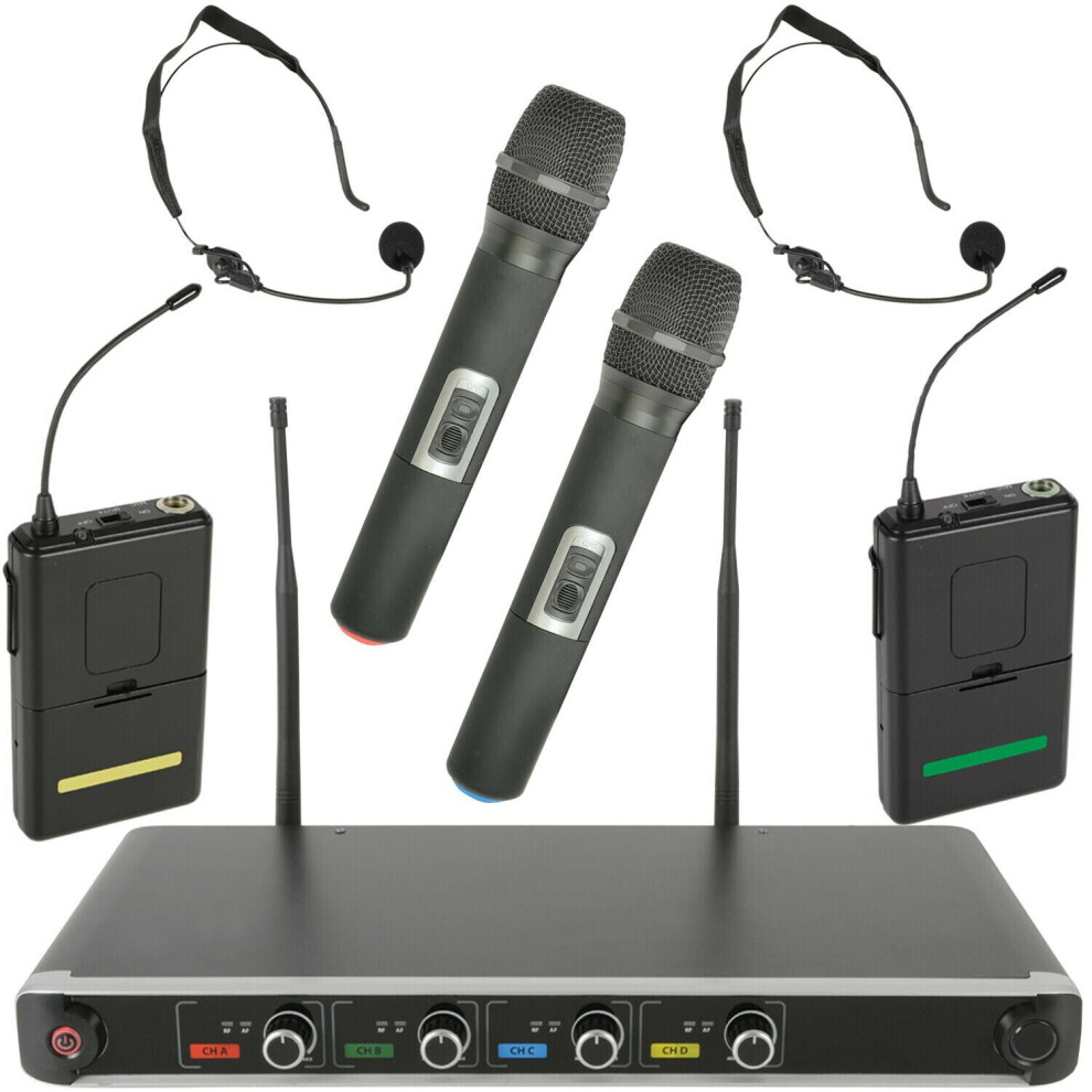 60m Quad Wireless Microphone Receiver System Handheld Headset UHF Karaoke Radio