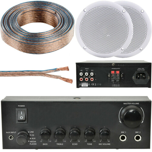 Loops 110W Stereo Amplifier System Kit 2x Waterproof Bathroom Kitchen Ceiling Speakers
