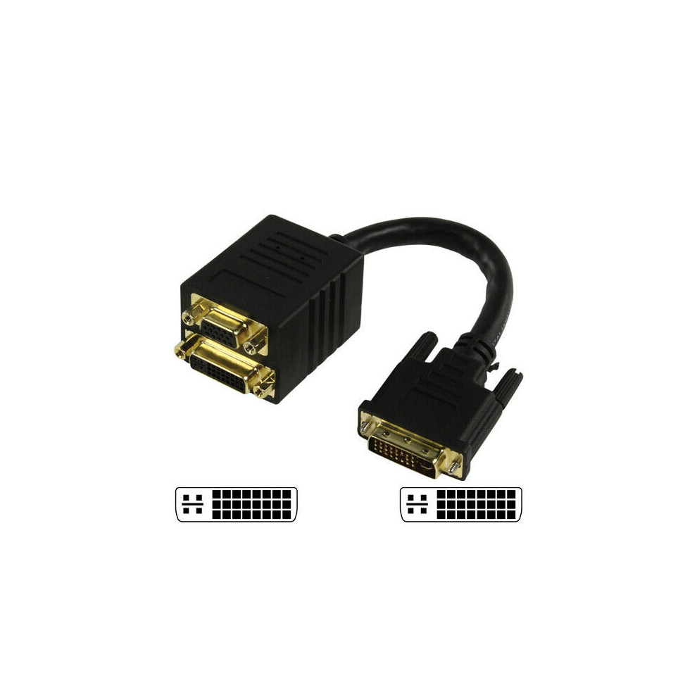 0.2m DVI I Male to VGA & DVI A Female Socket Splitter Y Adapter Cable Lead