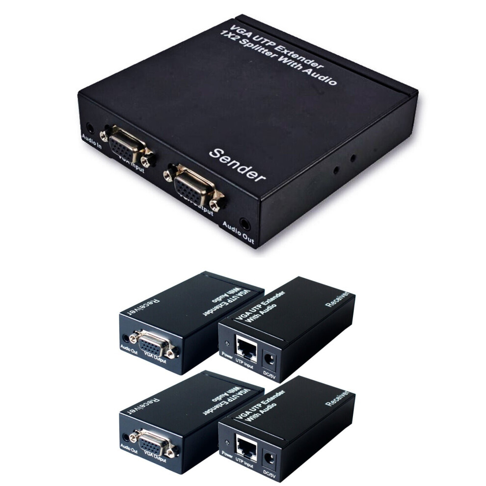2 Port Way Vga & Audio Over Single Cat5e Cat6 Splitter Pc Distribution Extender 5055538146237