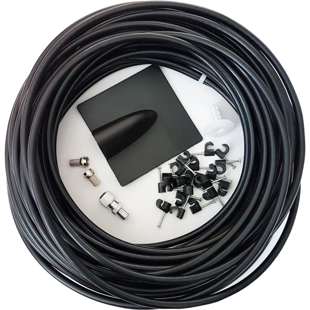 25M Black RG6 Coaxial Cable Kit For Aerial Satellite Dish Install TV Freesat