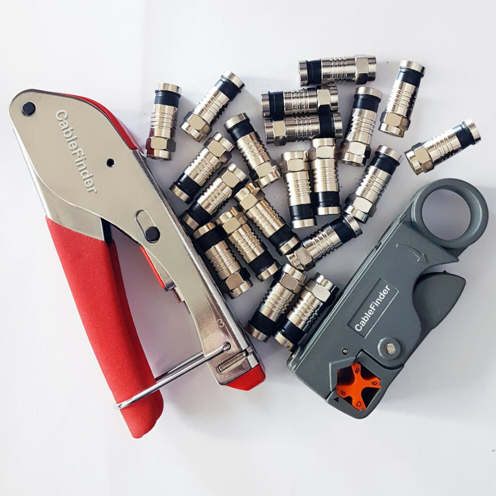 F Type Compression & Stripper Tool + 20x RG6 Connectors Coaxial Crimping Crimper