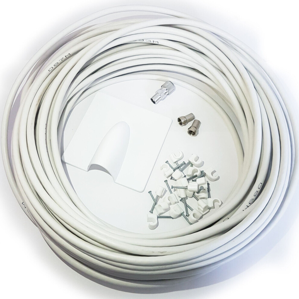 25M White RG6 Coaxial Cable Kit For Aerial Satellite Dish Install TV Freesat
