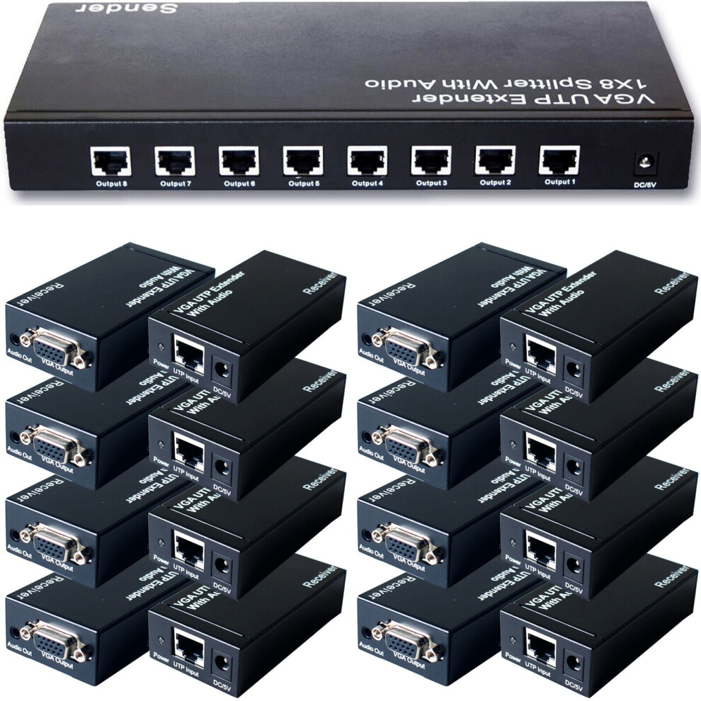 8 Port Way Vga & Audio Over Single Cat5e Cat6 Splitter Pc Distribution Extender 5055538146251