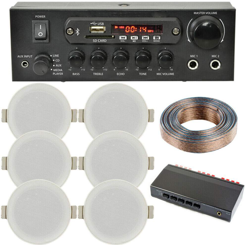 Bluetooth Ceiling Music Kit 3 Zone Stereo Amp & 6X Low Profile Hifi Speaker 5056199804566