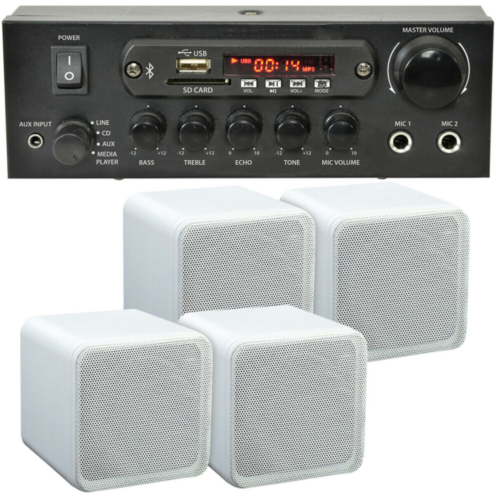 110W Bluetooth Amplifier & 4X 80W Shelf Speakers Compact Wireless Hifi Kit White 5055538131530