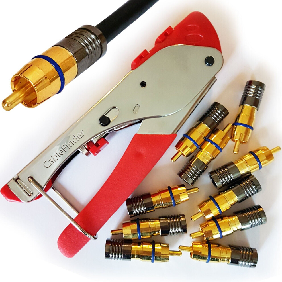 Loops 3 In 1 Coaxial Compression Crimp Tool & 10X Rca Phono Male Connectors Rg6 Plug