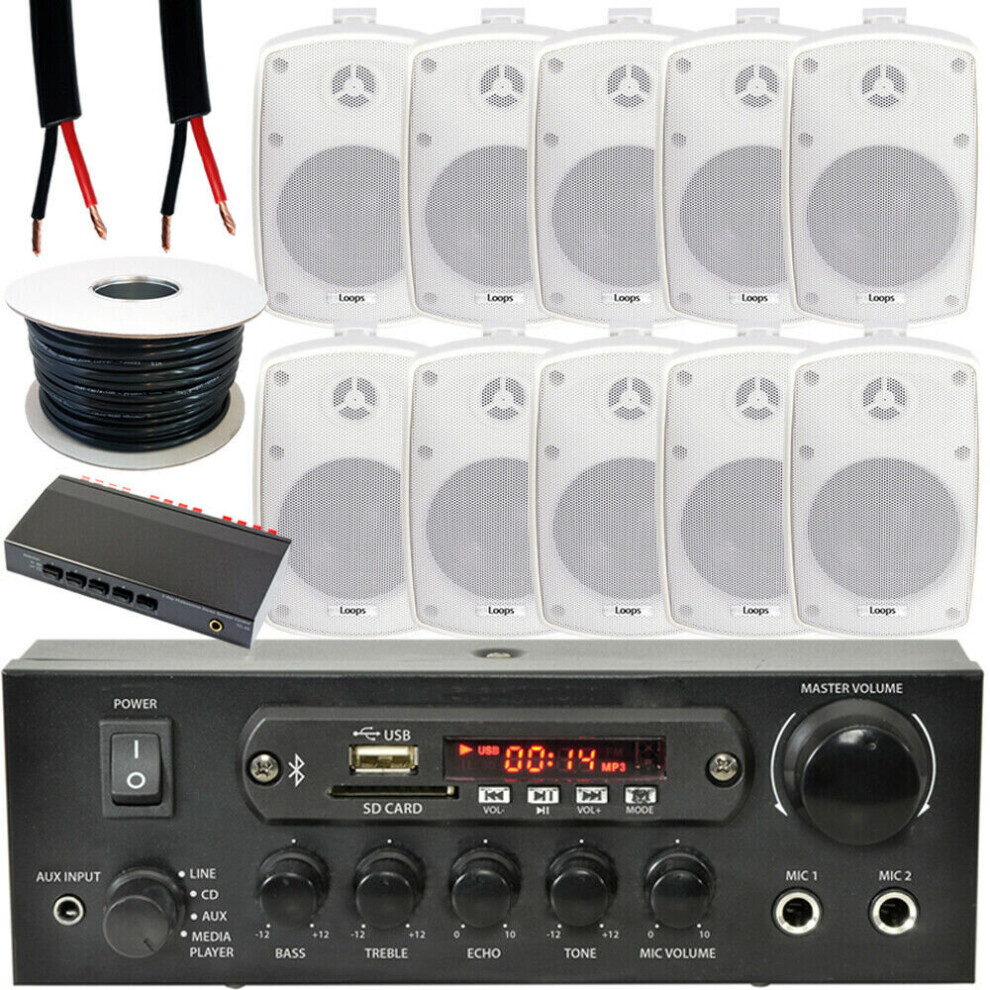 Loops Outdoor Bluetooth Speaker Kit 10X 60W White Stereo Amp 5 Zone Garden Parties