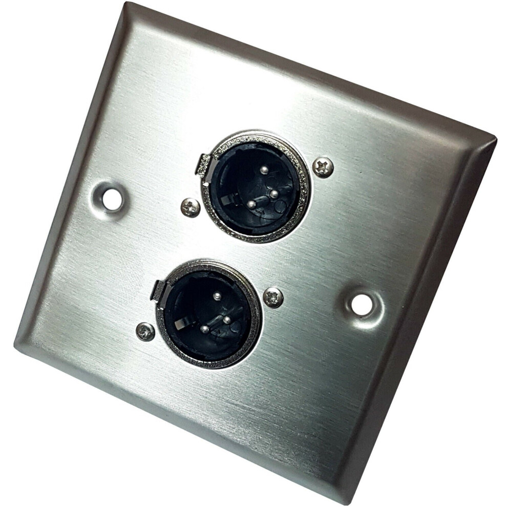 Brushed Steel Twin (2x) 3 Pin XLR Male Plug Wall Face Plate - Amp Speaker Socket