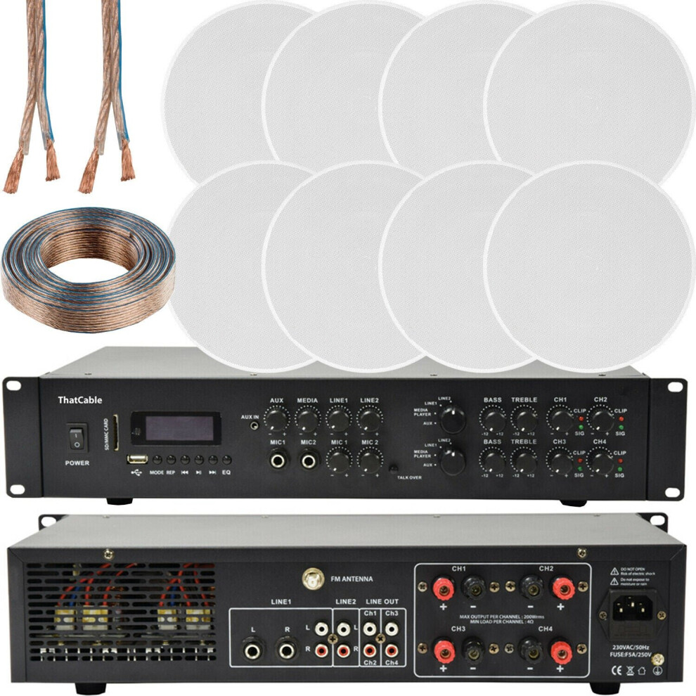 Loops 800W Bluetooth Sound System 8X 120W Slim Ceiling Speaker 4 Zone Matrix Amplifier