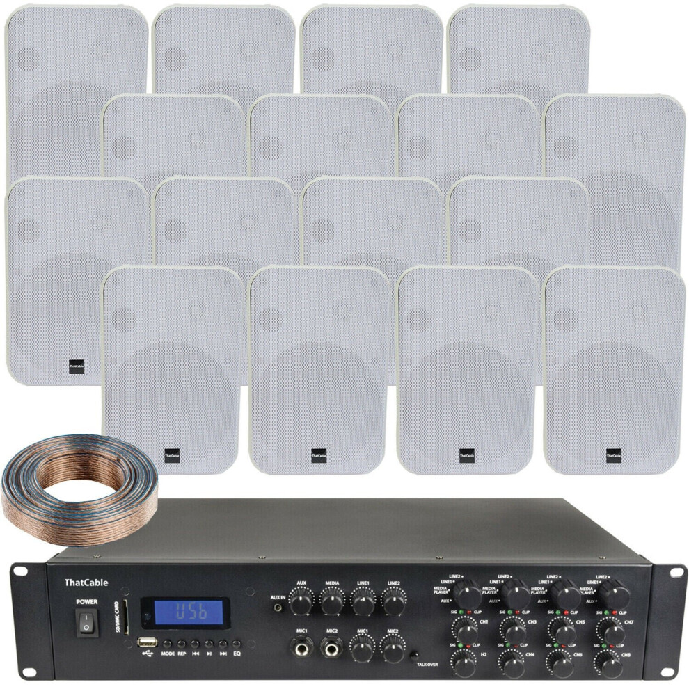1600W Bluetooth Sound System 16x 200W White Wall Speaker 8 Zone Matrix Amplifier